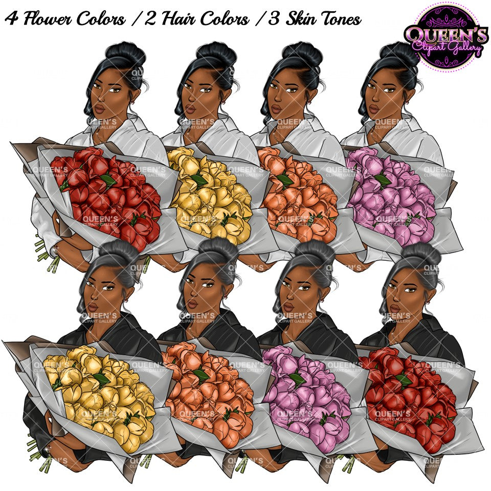 Woman With Flowers Clipart, Mother's Day Clipart, Fashion Girl Clipart, Flowers Clipart, Roses Clipart, Black Woman Clipart, Afro Woman