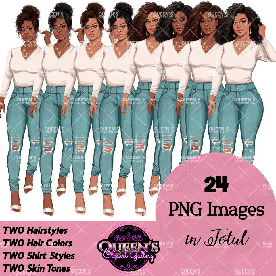 Denim jeans girl, Jeans girl clipart, Fashion girl clipart, Afro girl clipart, Lady boss, Denim girl, Fall girl clipart, Fashion illustration