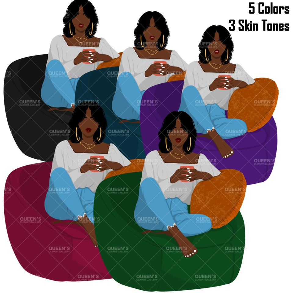 Afro woman sitting on sofa, Afro girl clipart,  Black woman, Black girl magic, Fashion girl clipart, Relax at home, Coffee girl, Flat Clipart