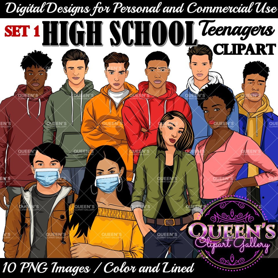 Teenagers clipart, High school students, Older teens, Male Teen Clipart, Female Teen Clipart, Students, Back to School, Teen clipart, Afro