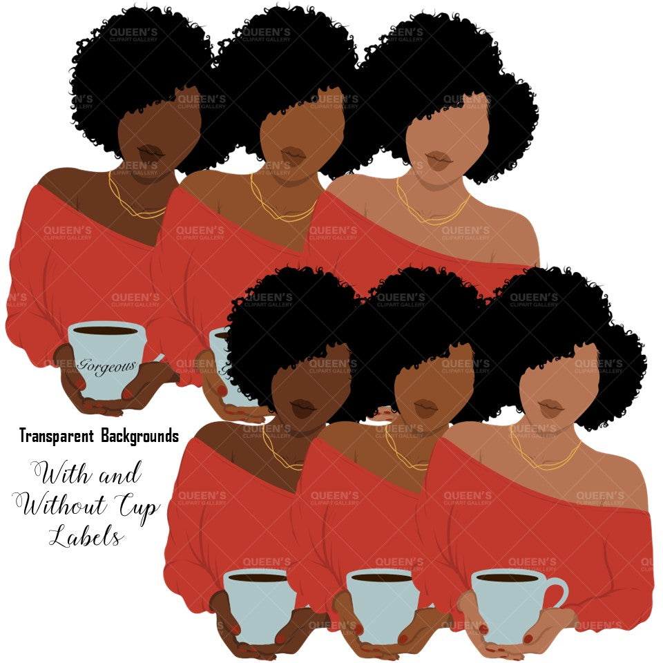 Afro woman drinks coffee, Afro girl clipart,  Black woman, Black girl magic, Fashion girl clipart, Relax at home, Coffee girl, Flat Clipart