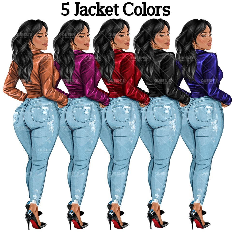 Curvy Denim Girl, Jeans Girl Clipart, Curvy girl, Woman clipart, Fashion girl clipart, Girl boss clipart, Fashion woman, Leather Jacket